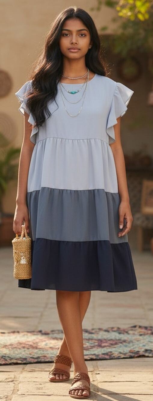 NWT Emery Rose Blue Tiered Midi Dress Womens Sz 3XL Flutter Sleeve Boho Plus